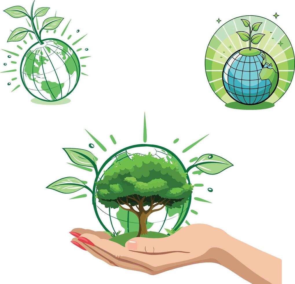 Hand holding green planet earth with growing tree and leaves for environmental conservation vector