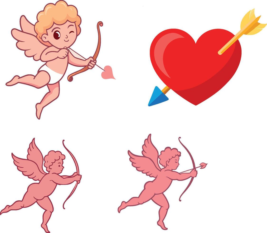 Cupid aiming with bow and arrow at red heart with arrow, valentine's day symbols vector