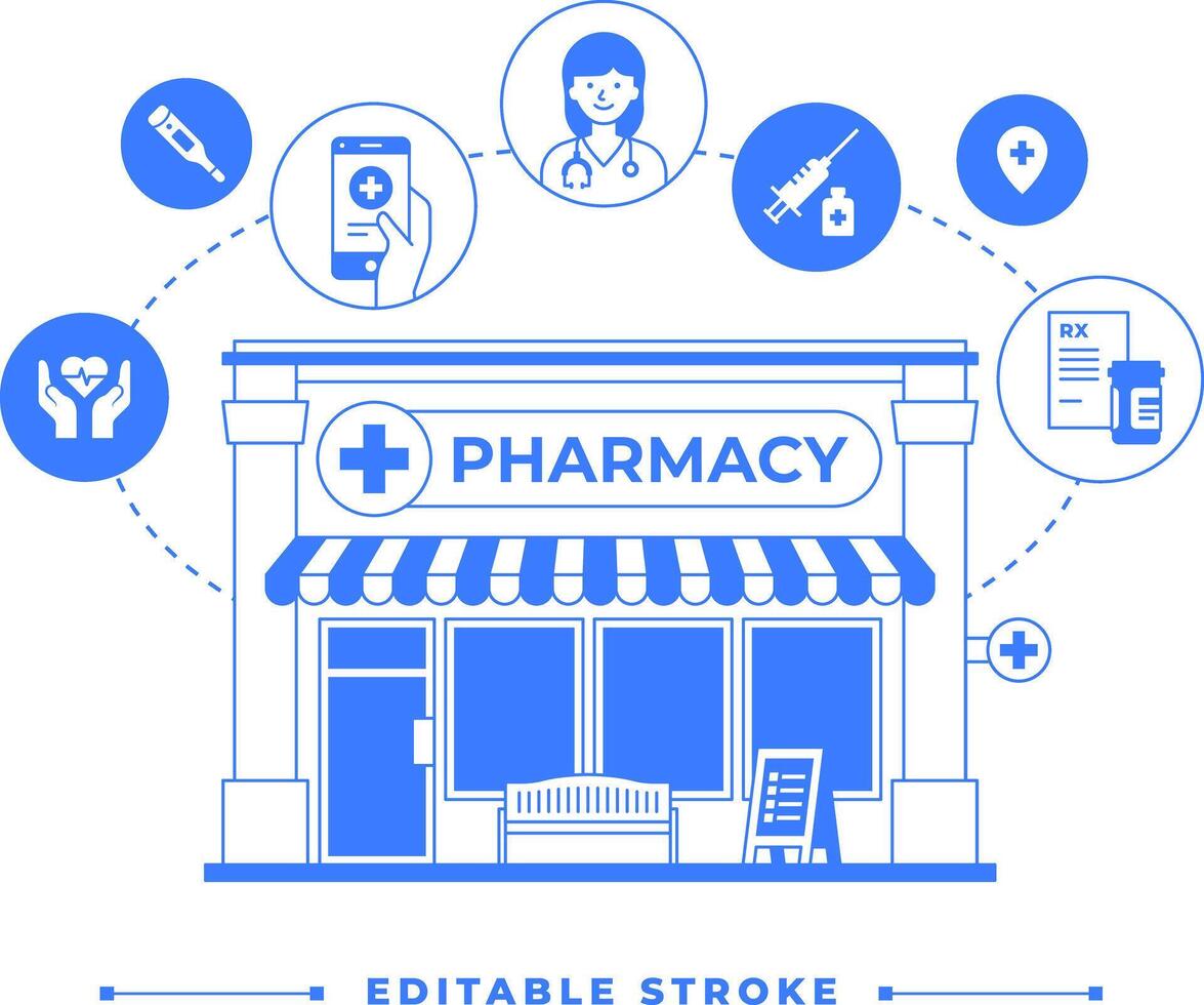 Pharmacy store infographic with medical elements. Building icon isolated on white background. One color blue outline graphic. Health care concept. Drugstore line art illustration with editable stroke. vector