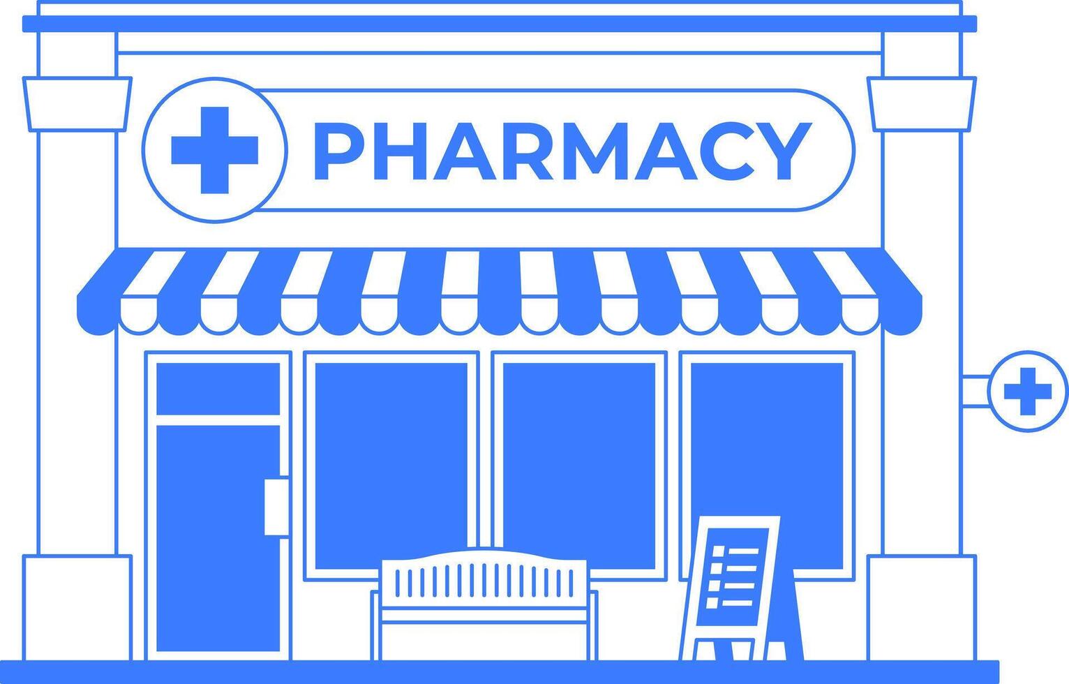 Pharmacy store building isolated illustration. Drugstore icon isolated on white background. One color line art infographic. Health care concept. Blue outline graphic. Editable stroke. vector
