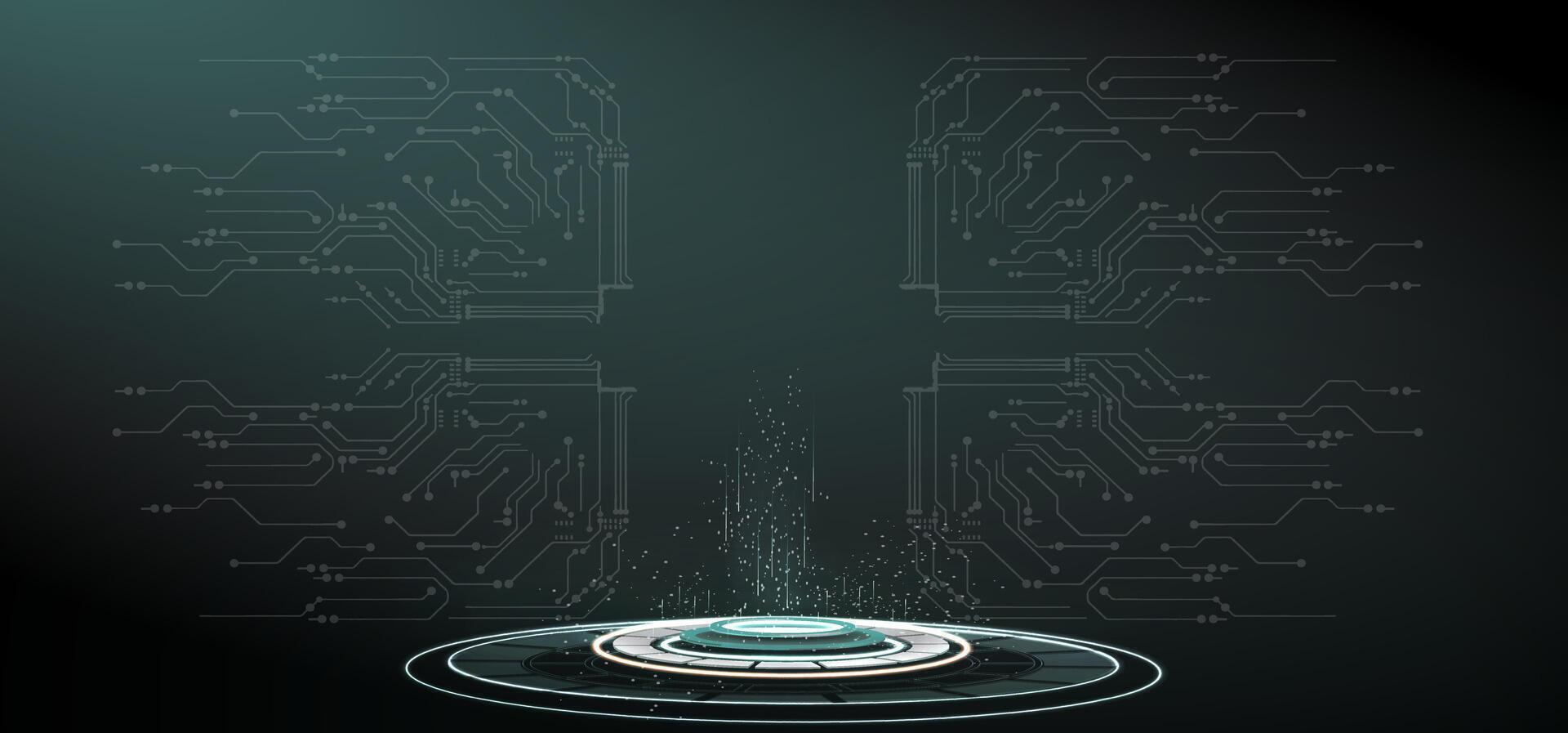 digital platform emits particles in a dark environment, surrounded by circuit patterns, showcasing advanced technology. The ambience feels both modern and mysterious vector