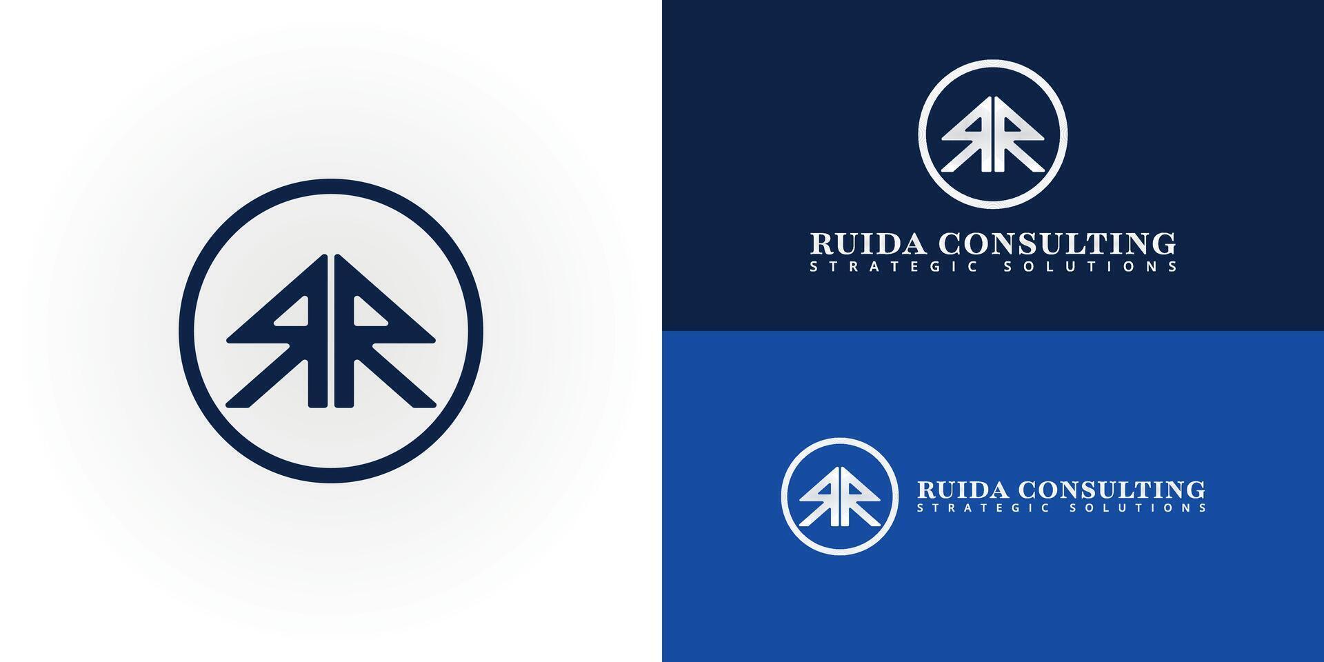 modern and minimalist logo design features a stylized double R shape enclosed within a circle, conveying a sense of unity and completeness. The dark blue color scheme evokes trust and reliability vector