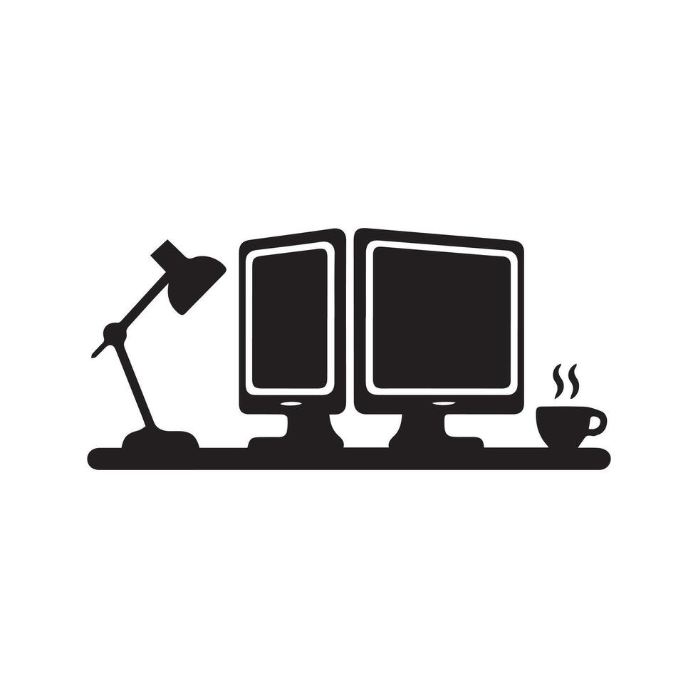 silhouette of a dual screens with a desk lamp or cup of coffee vector