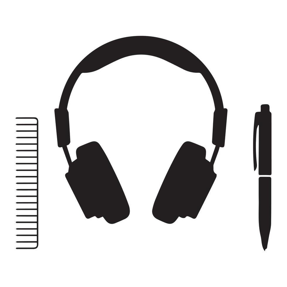 silhouette of headphones placed beside a notepad and pen vector