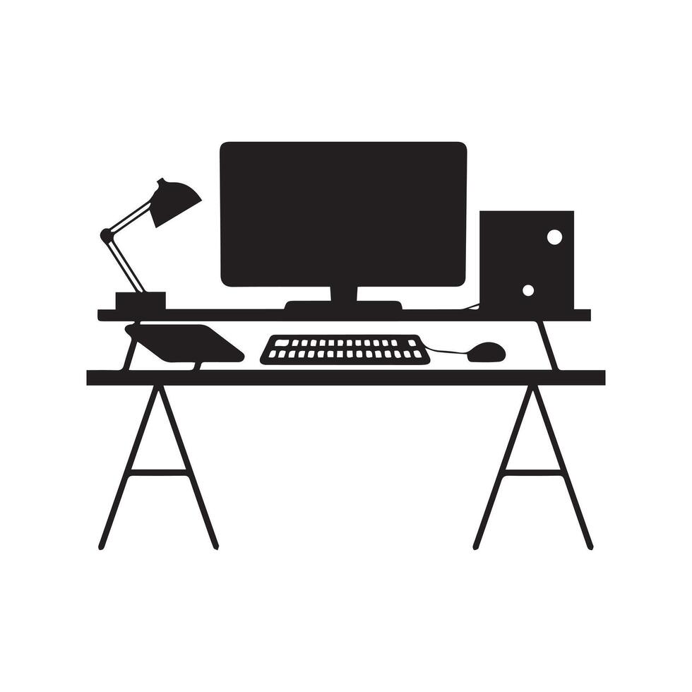 silhouette of a desk with a laptop, monitor, mouse, and keyboard vector