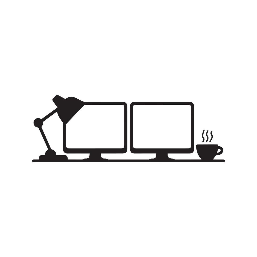 a silhouette of a dual screens with a desk lamp or cup of coffee vector