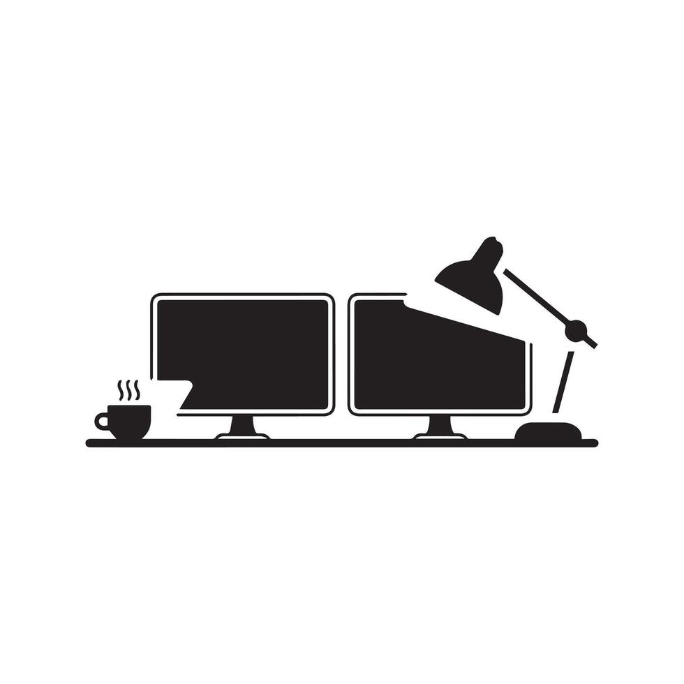 a clean silhouette of a dual screens with a desk lamp or cup of coffee vector