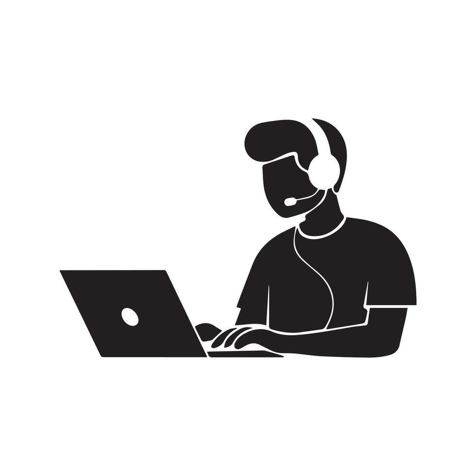 silhouette of person wearing headphones, typing on a laptop vector