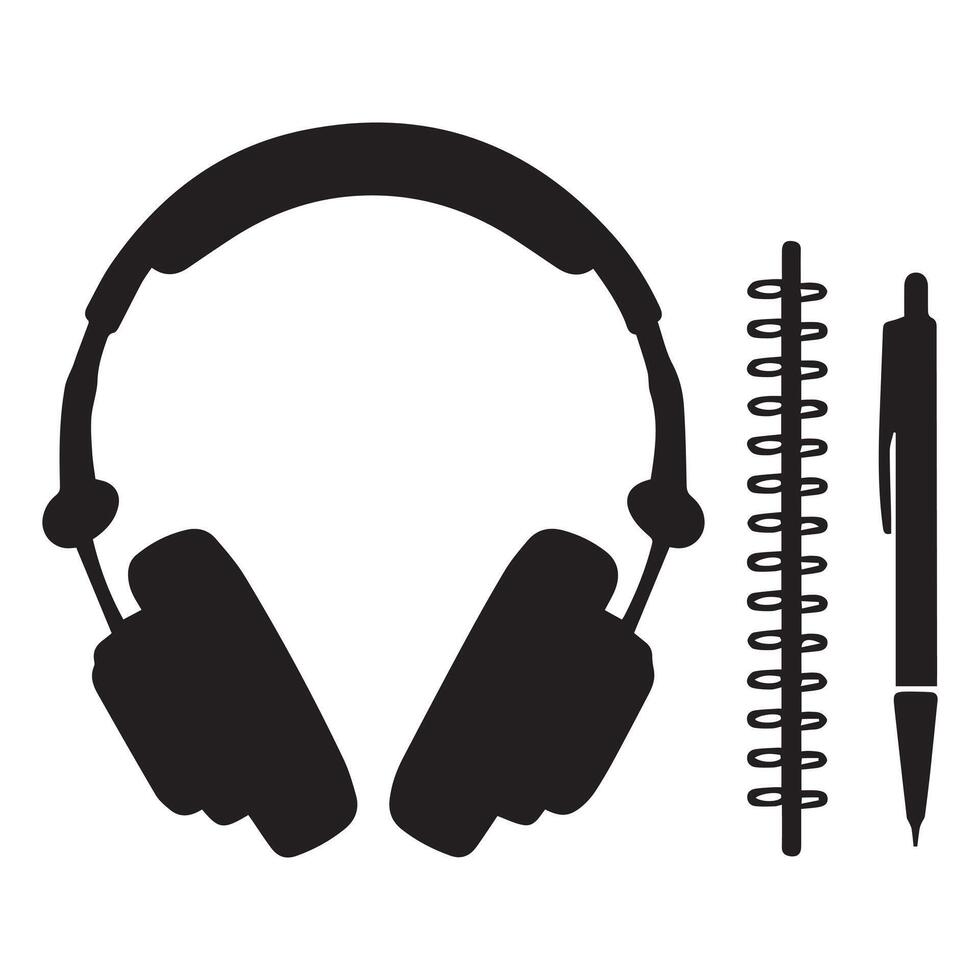silhouette of headphone placed beside a notepad and pen vector