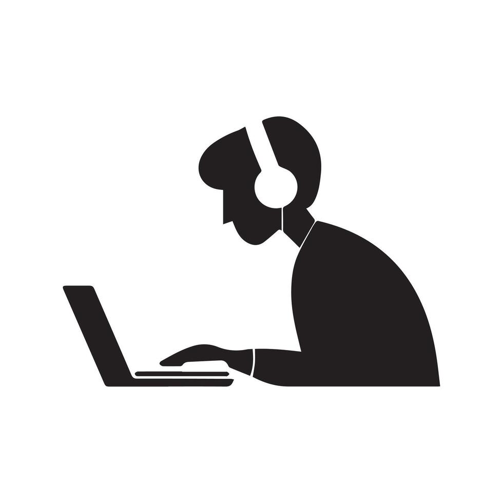 silhouette of a person wearing headphone, typing on a laptop vector