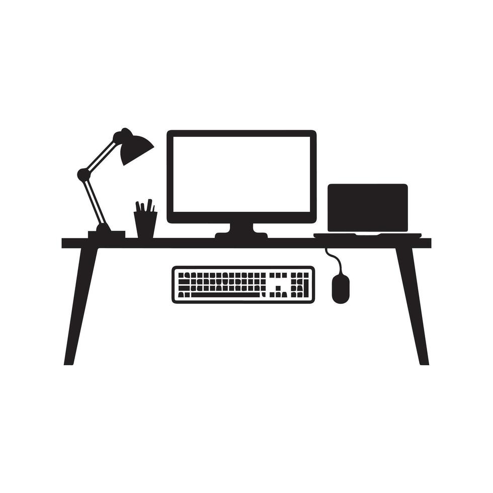 A clean silhouette of a desk with a laptop, monitor, mouse, and keyboard vector