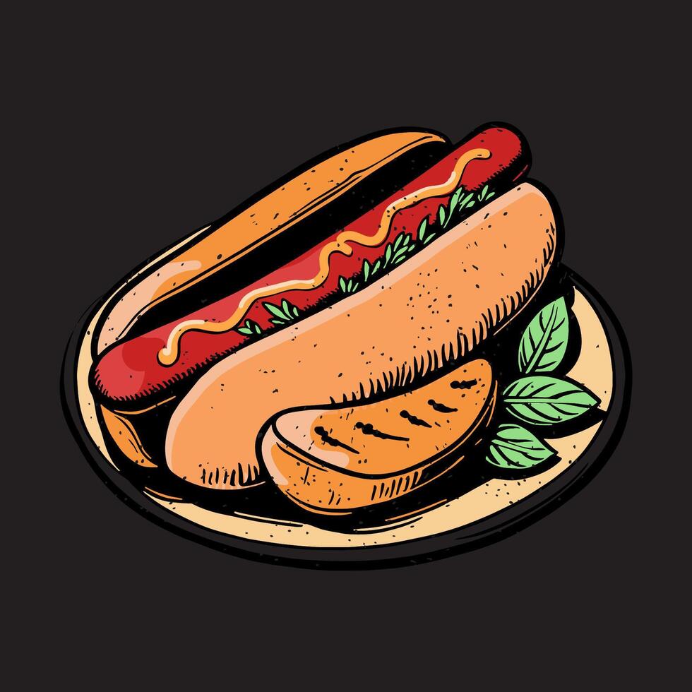 Hot Dog illustration line art with colorful vector
