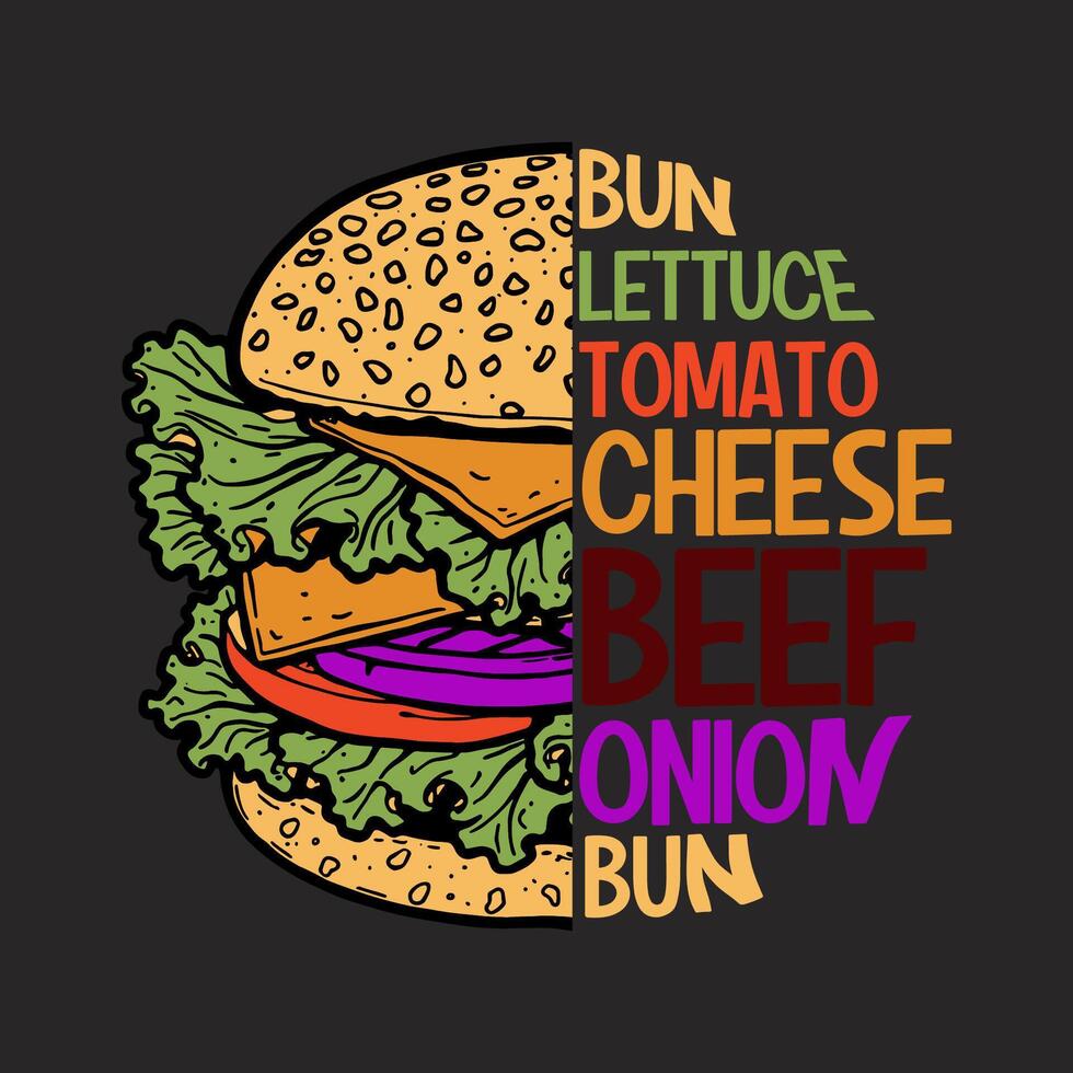 Bun lettuce tomato cheese beef onion bun. Fast Food Typography vector