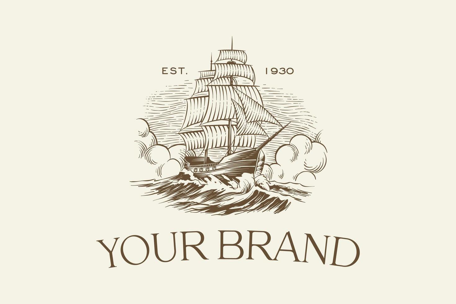 logo illustration of an ancient sea ship in vintage engraving style vector