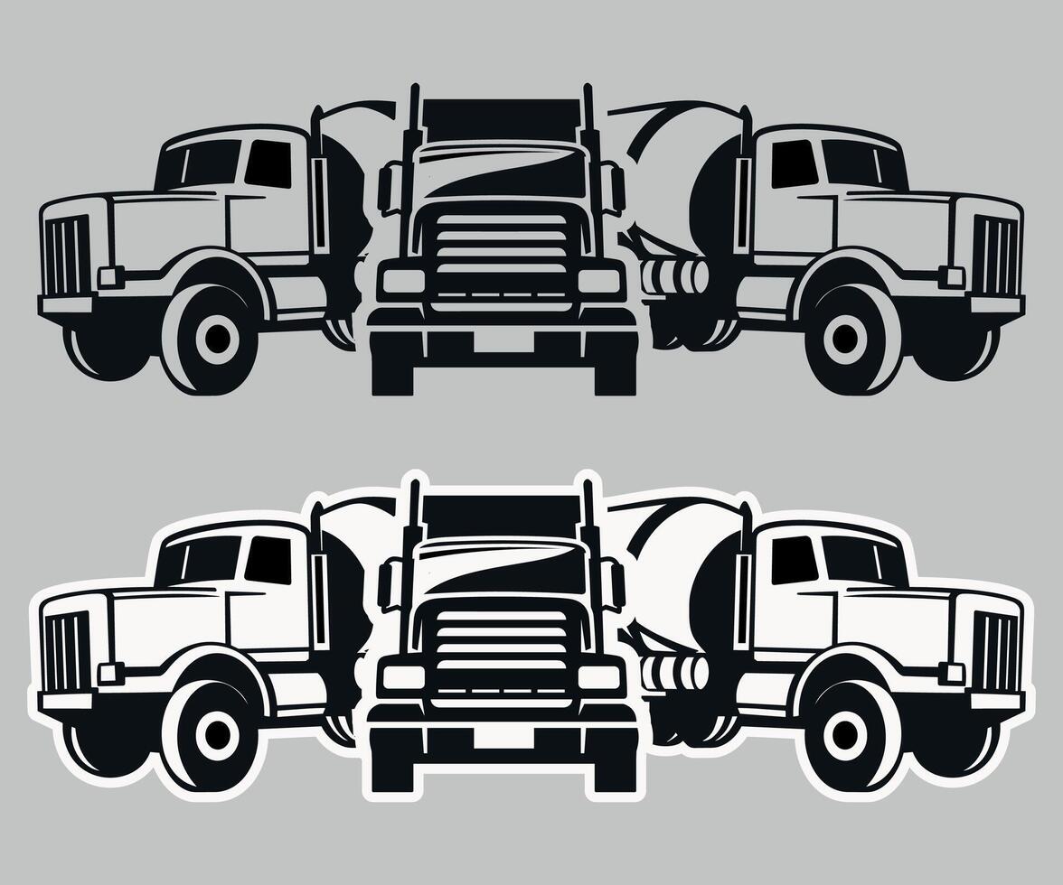 black and white silhouette icon of a group of concrete mixer trucks on a white background vector