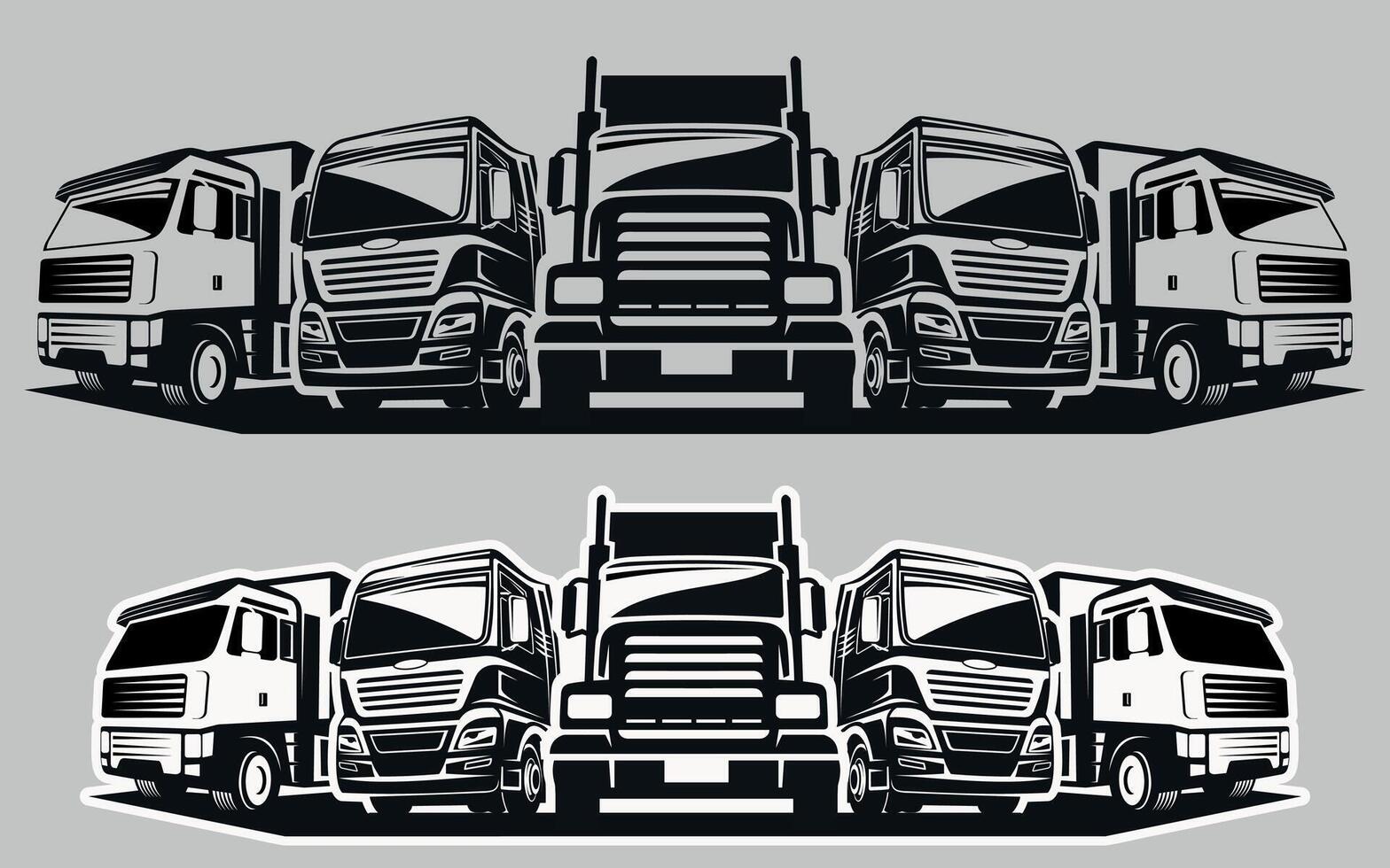 black and white silhouette icon of group of cars trailers trucks on white background vector