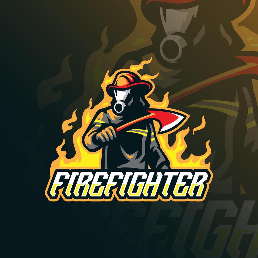 Firefighter mascot logo design with modern illustration concept style for badge, emblem and t shirt printing. Firefighter illustration with ax in hand. vector