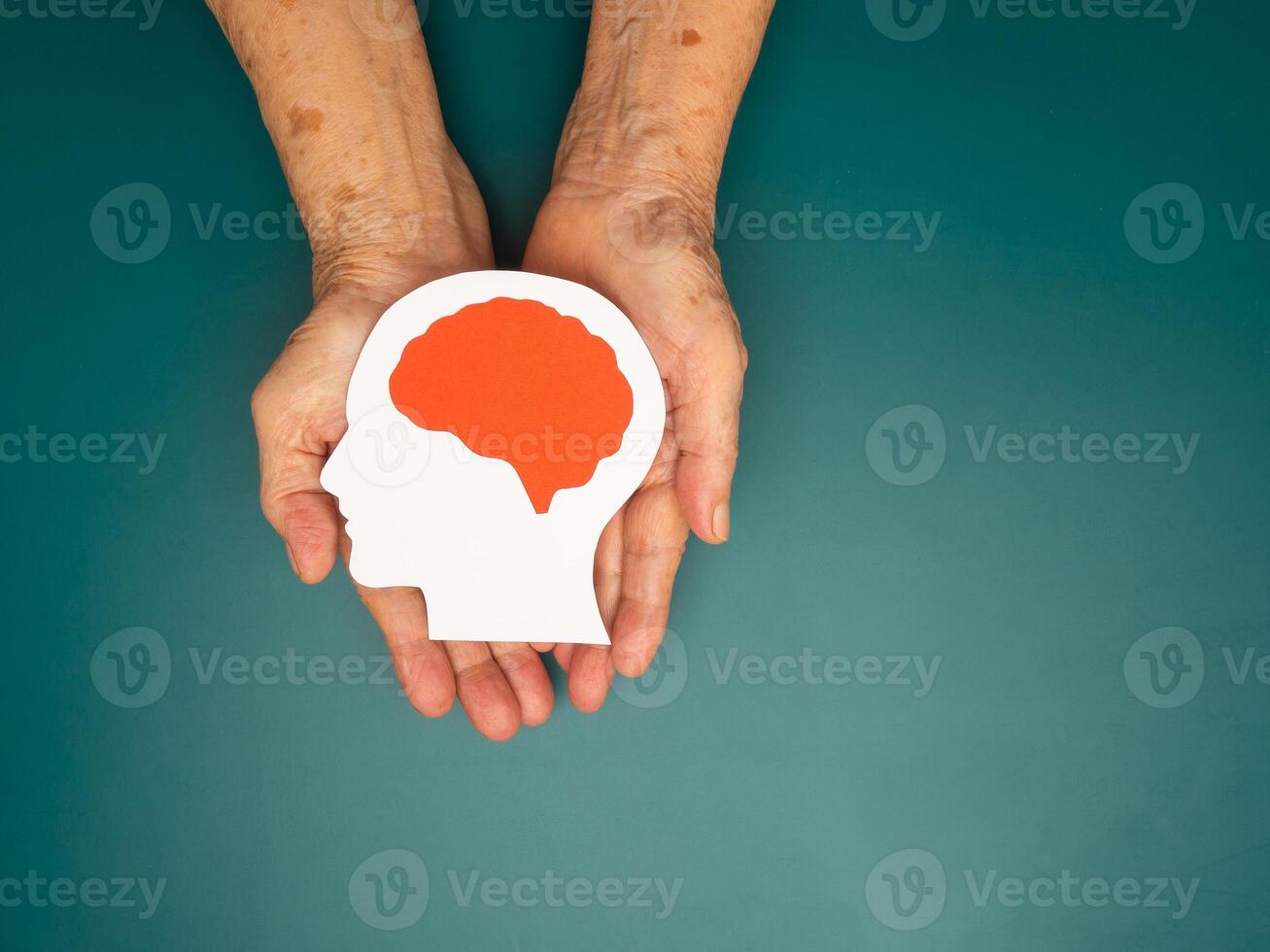 Top view of head with a brain made from paper on the palm senior woman over a green background photo