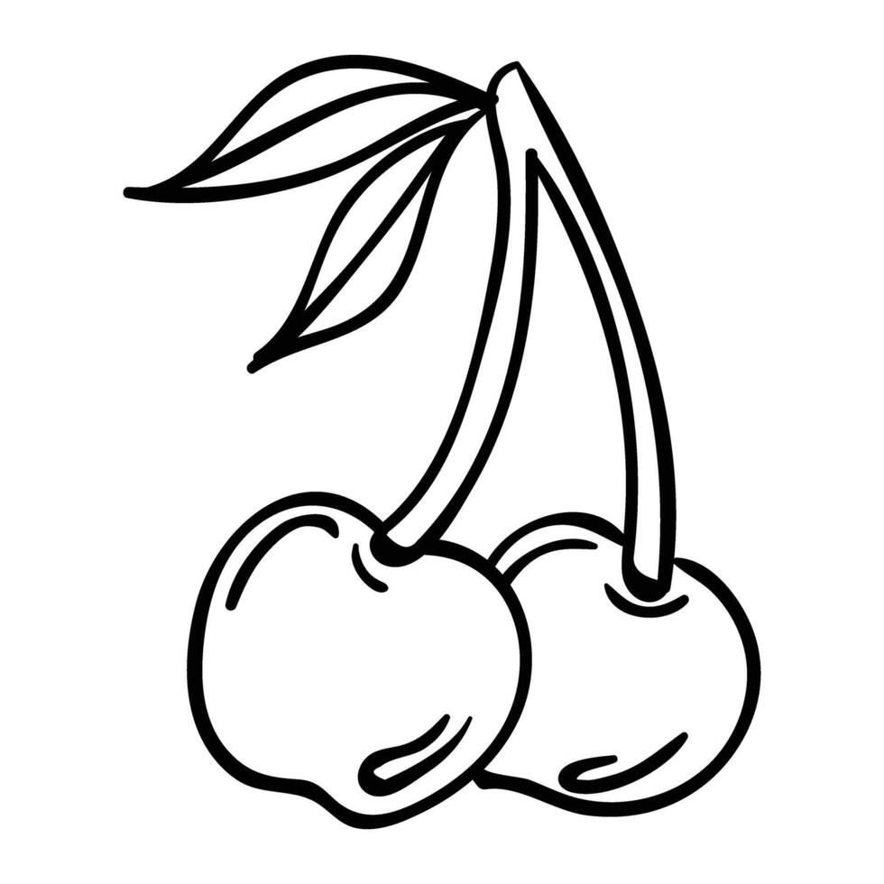 two cherries are drawn in black and white vector