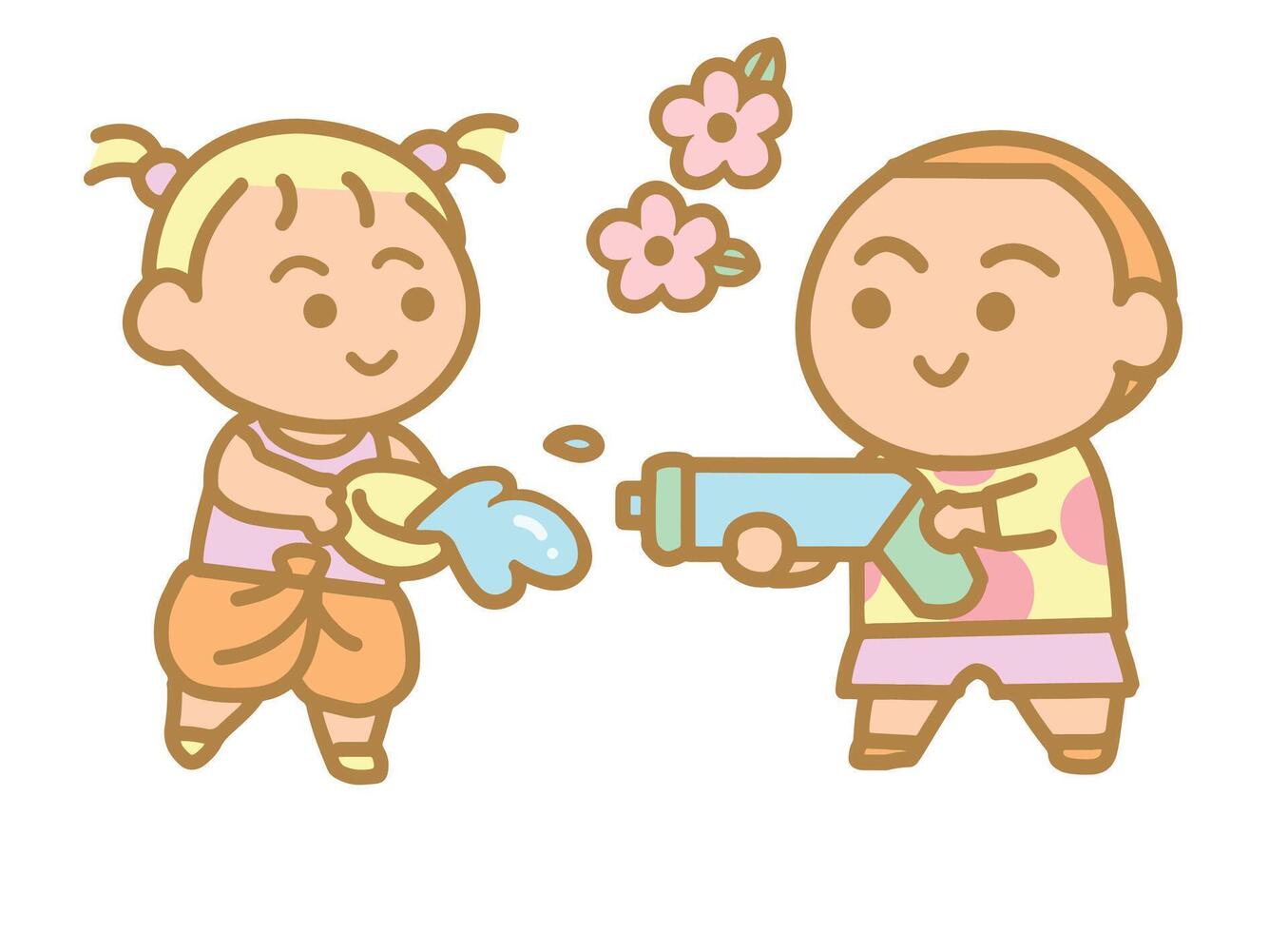 Children playing Songkran together clipart style. vector