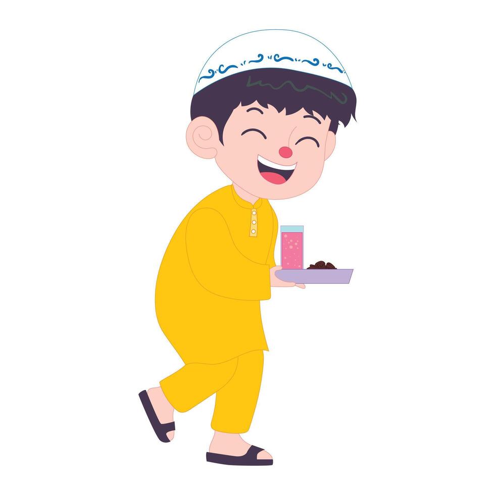 Happy Muslim boy in traditional attire, carrying food joyfully, celebrating Ramadan iftar with cheer. vector
