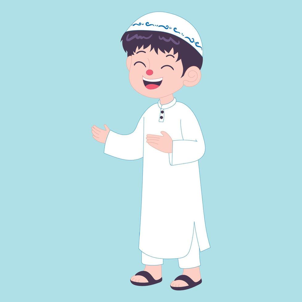 Happy Muslim boy in white traditional attire, smiling joyfully, celebrating Ramadan with cheerfulness. vector
