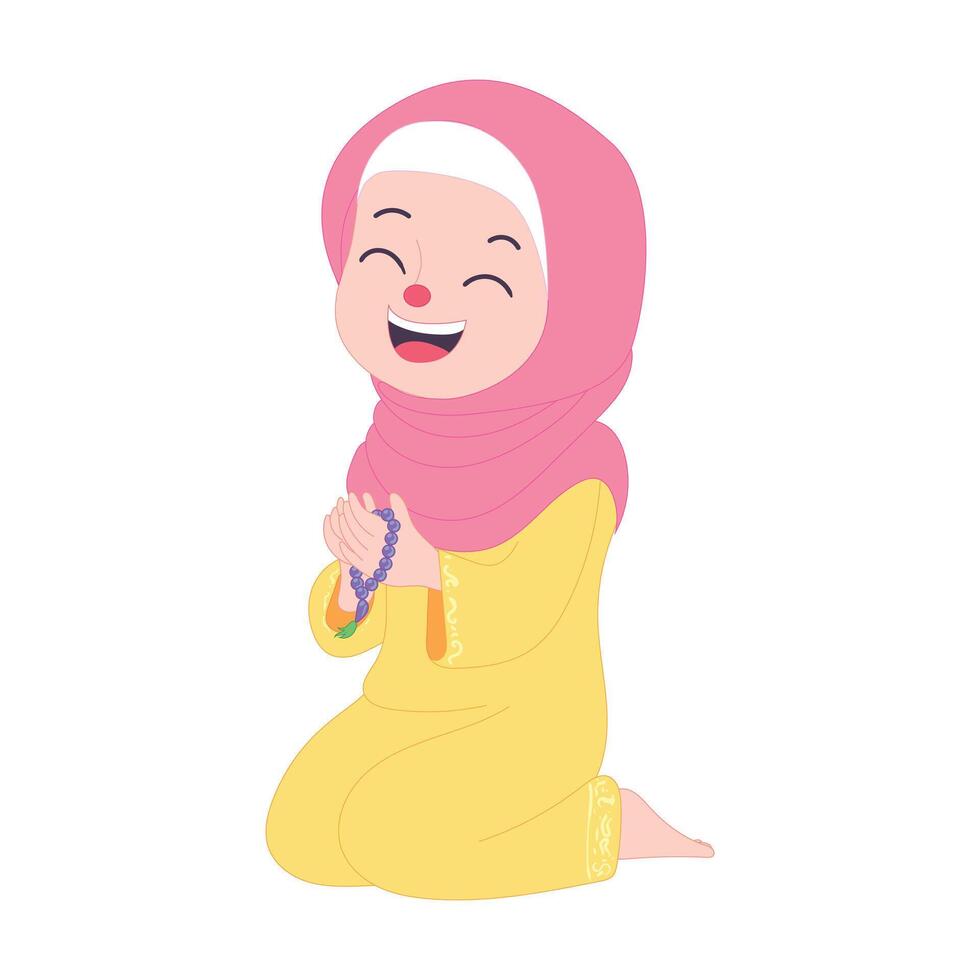 Muslim girl in traditional attire praying with devotion, reflecting Ramadan spirituality and faith. vector