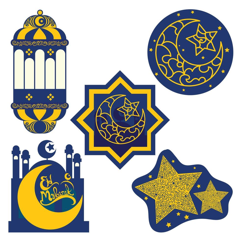 Set of Ramadan icons featuring lantern, crescent moon, star, mosque, and Eid Mubarak greeting ornament. vector