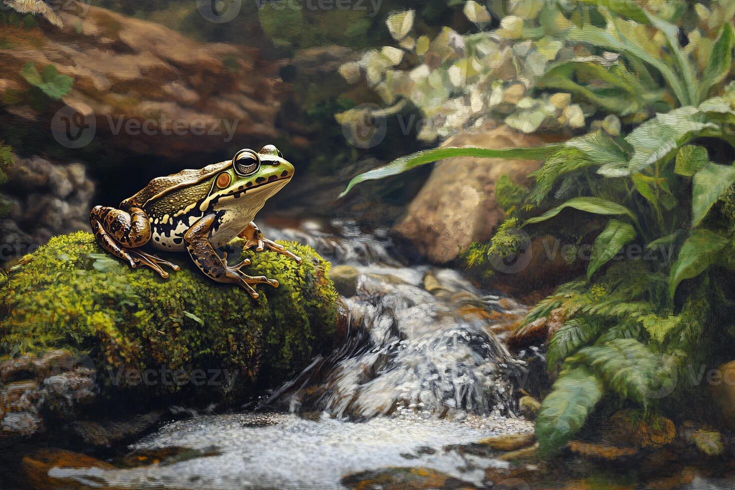 A painting of a frog sitting on a rock photo