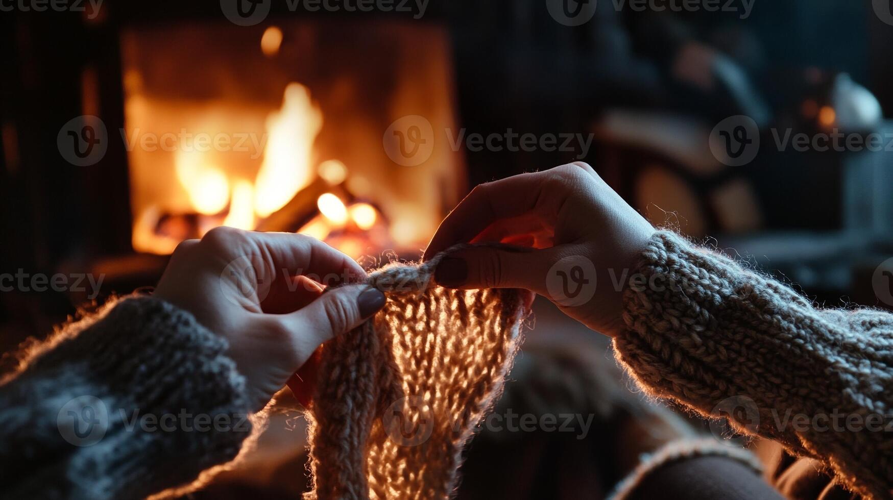 Woman knitting in front of fireplace photo