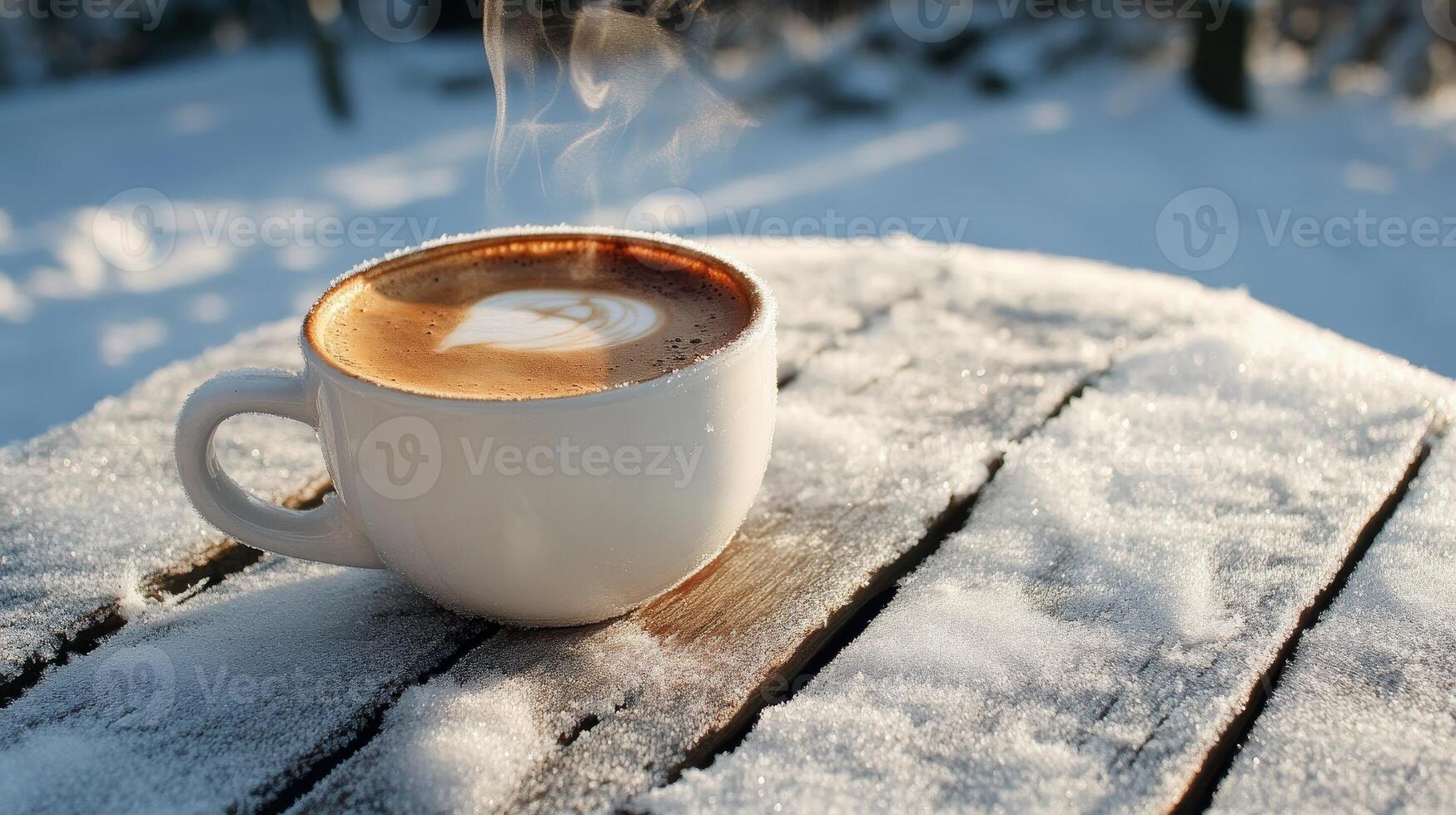 A cup of coffee on a wooden table in the snow photo