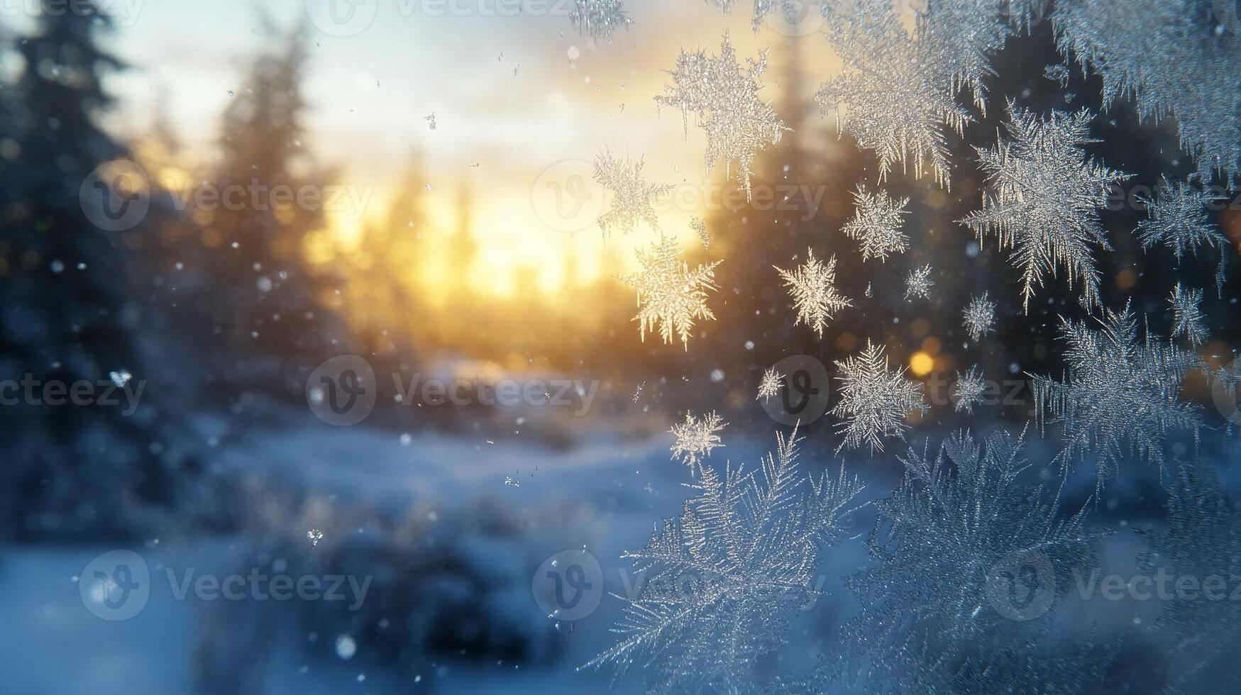 Winter landscape with snowflakes on the window photo