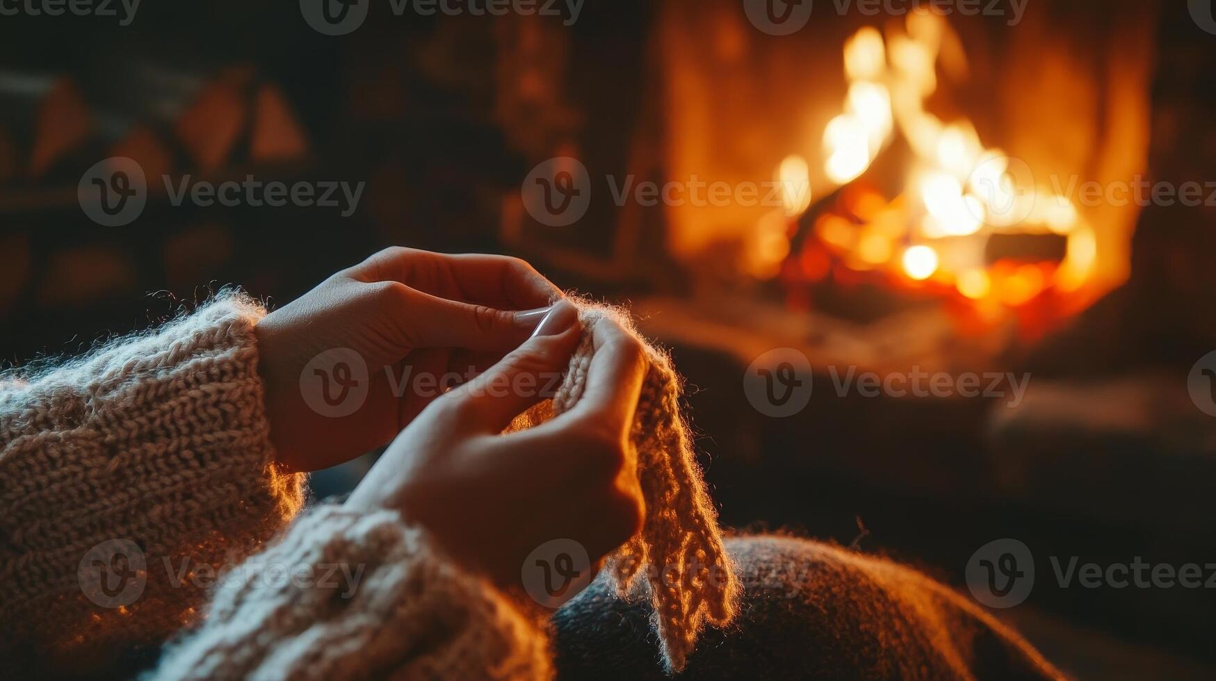 A person knitting in front of a fireplace photo