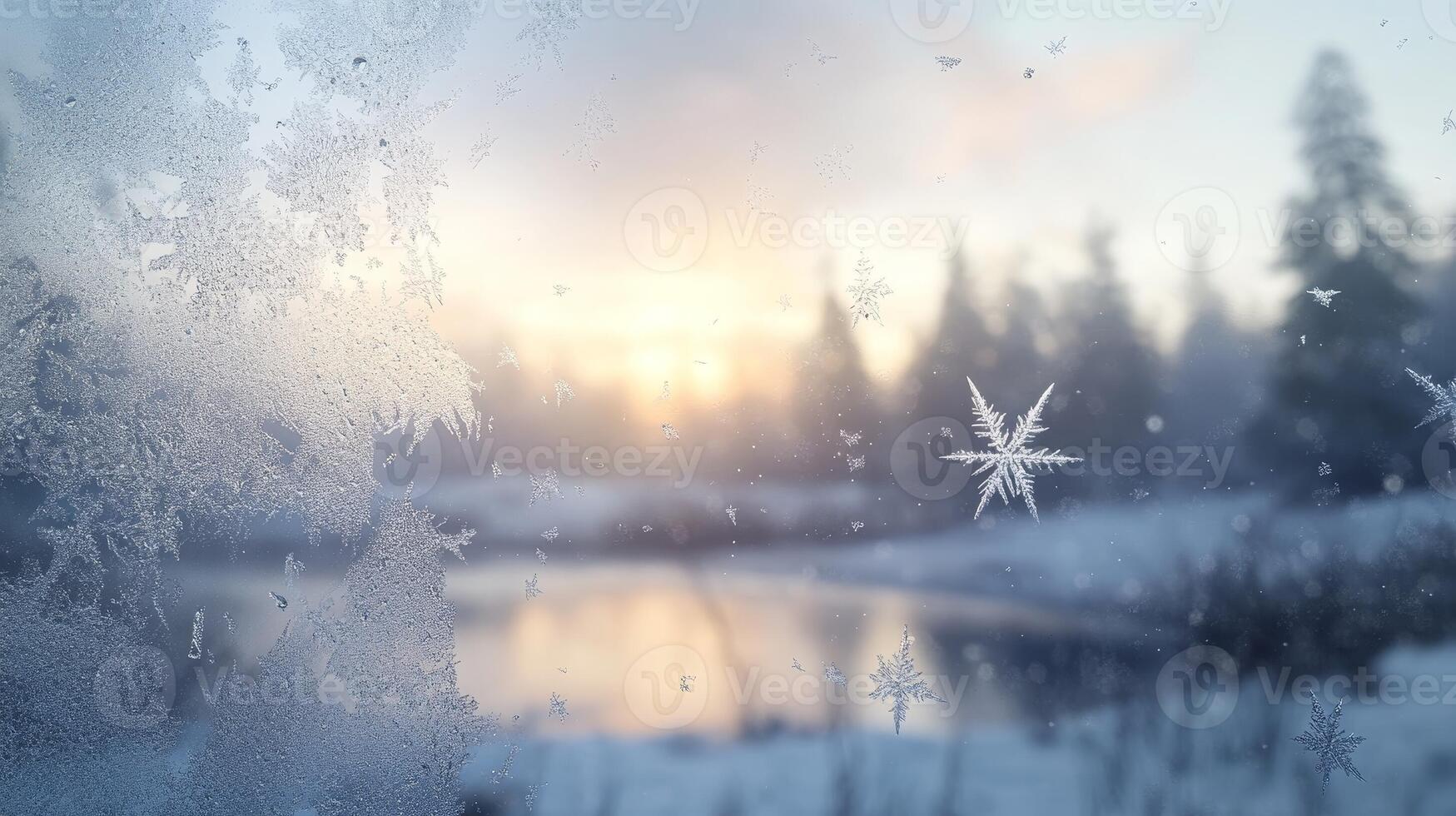 Frosty winter landscape with snowflakes on the window photo