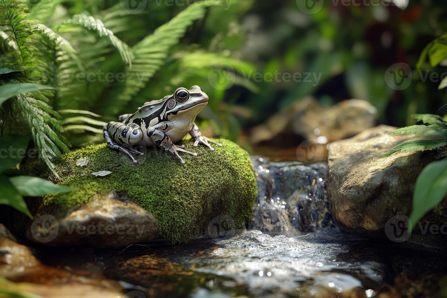 A frog sitting on top of a rock in a stream photo