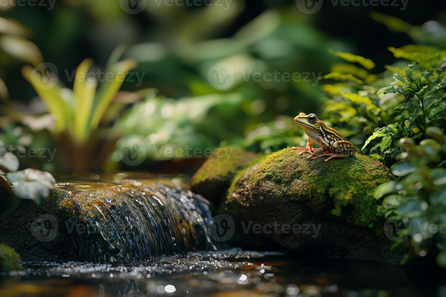 A frog sitting on a rock in a pond photo