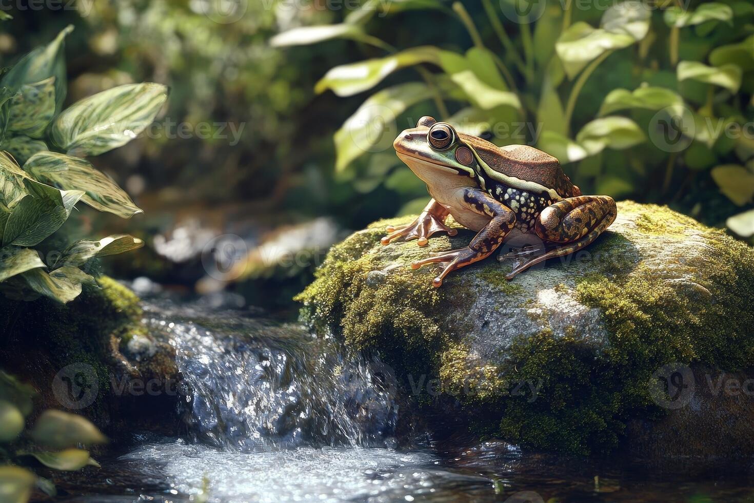 Frog sitting on rock in stream with water photo