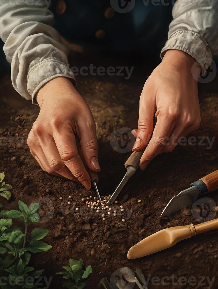 A person is working on a garden with tools photo