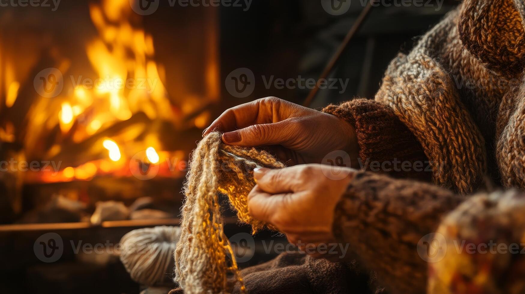 A woman is knitting a sweater in front of a fireplace photo