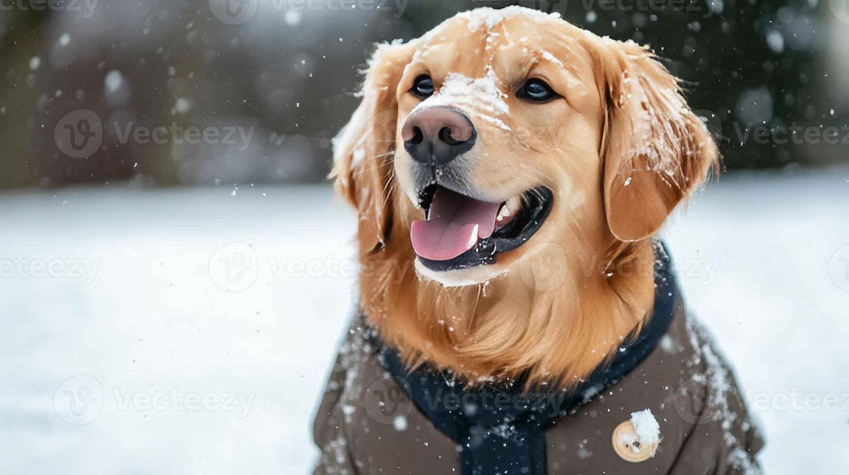 A golden retriever wearing a coat in the snow photo