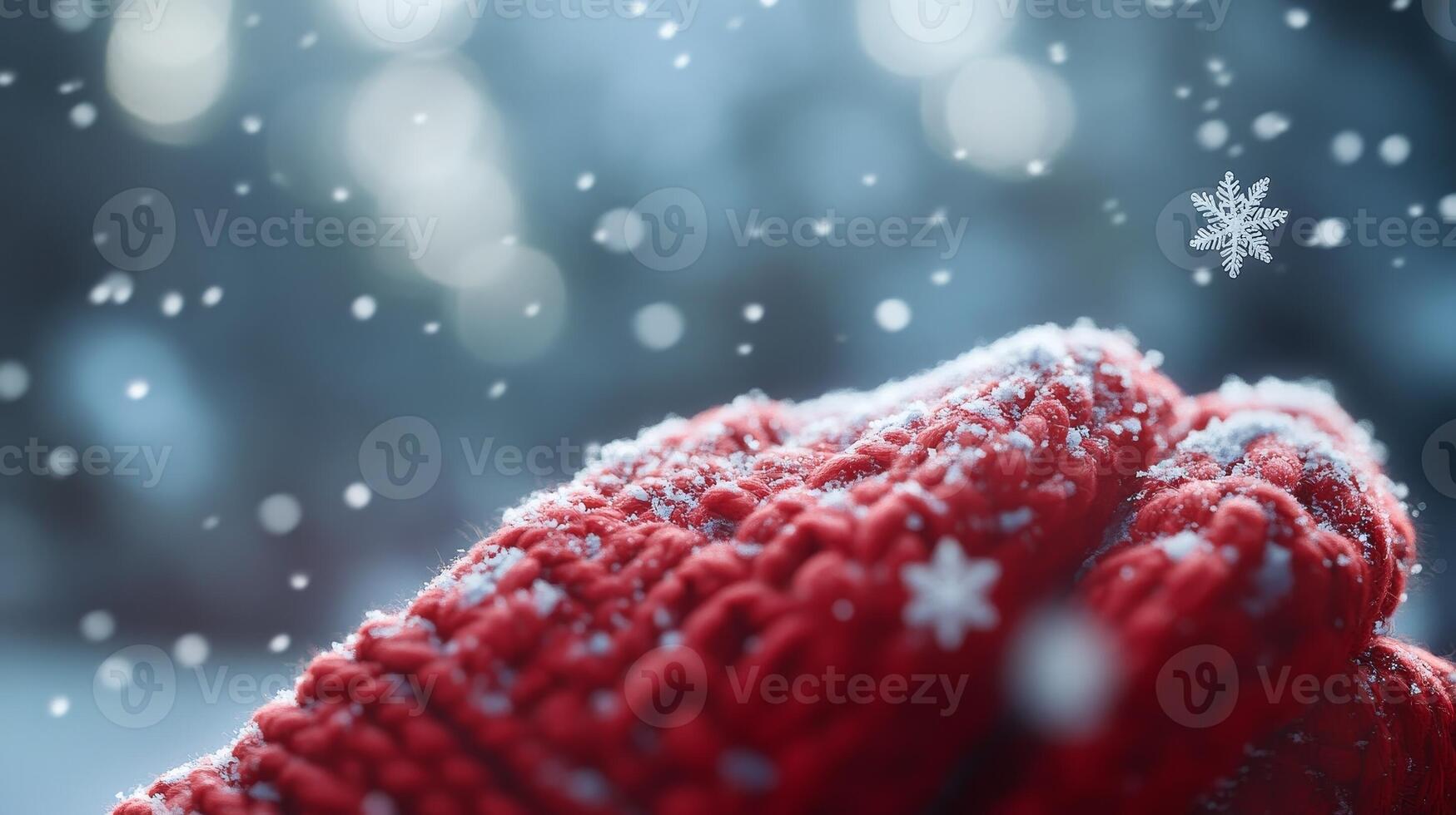 A person wearing a red knitted mitten in the snow photo
