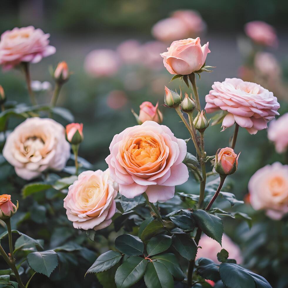 A close up of many pink and orange roses photo