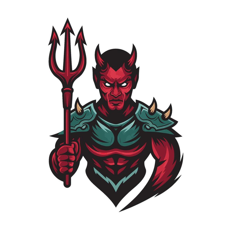 devil character hold trident illustration logo on white background vector