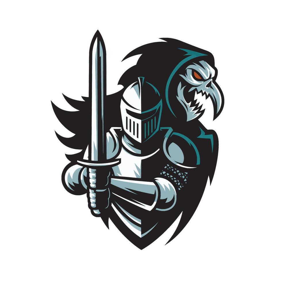 knight pose standing with shadow grim reaper design logo on white background vector