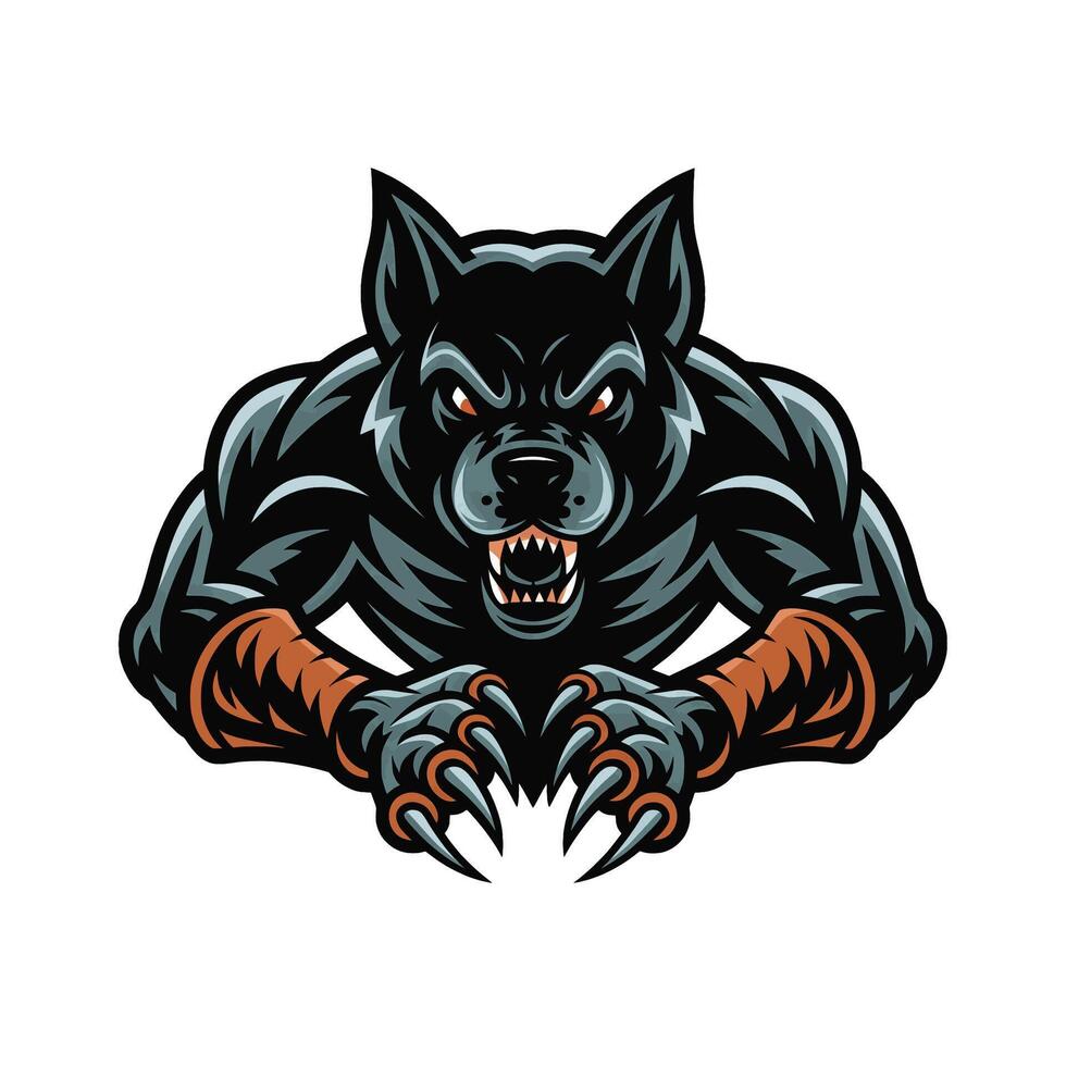 dog black angry attacking pose with claws design logo on white background vector