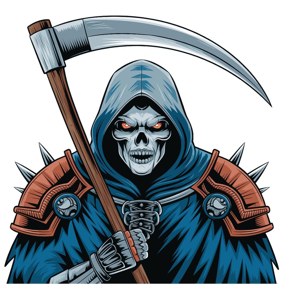 grim reaper logo holding a large scythe design illustration on white background vector