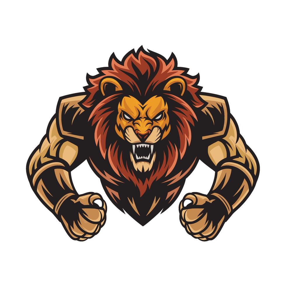 lion muscular attacking pose with punch design illustration logo vector