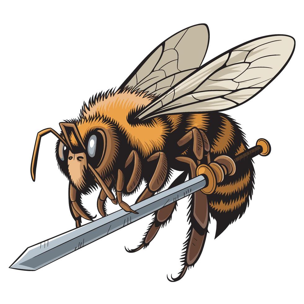 bee flying hold sword design logo illustration vector