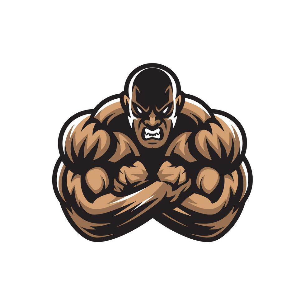 bodybuilder bald muscular angry design illustration logo vector