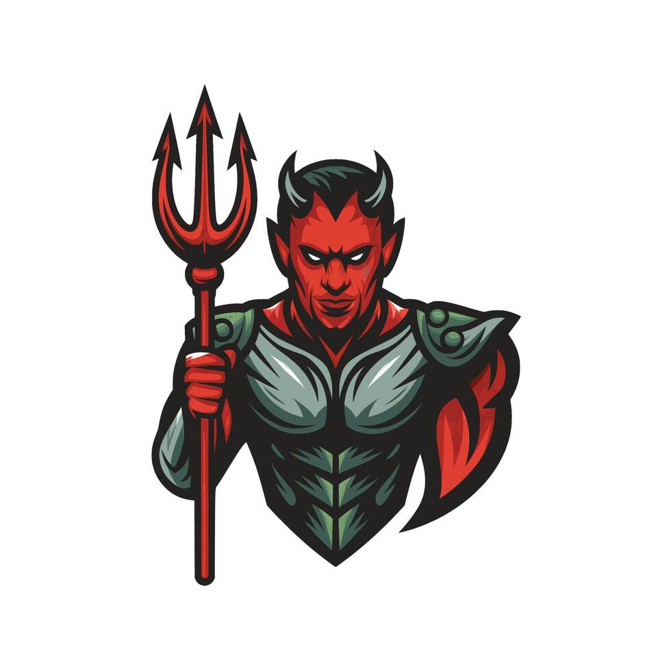 devil close up character hold trident design logo vector